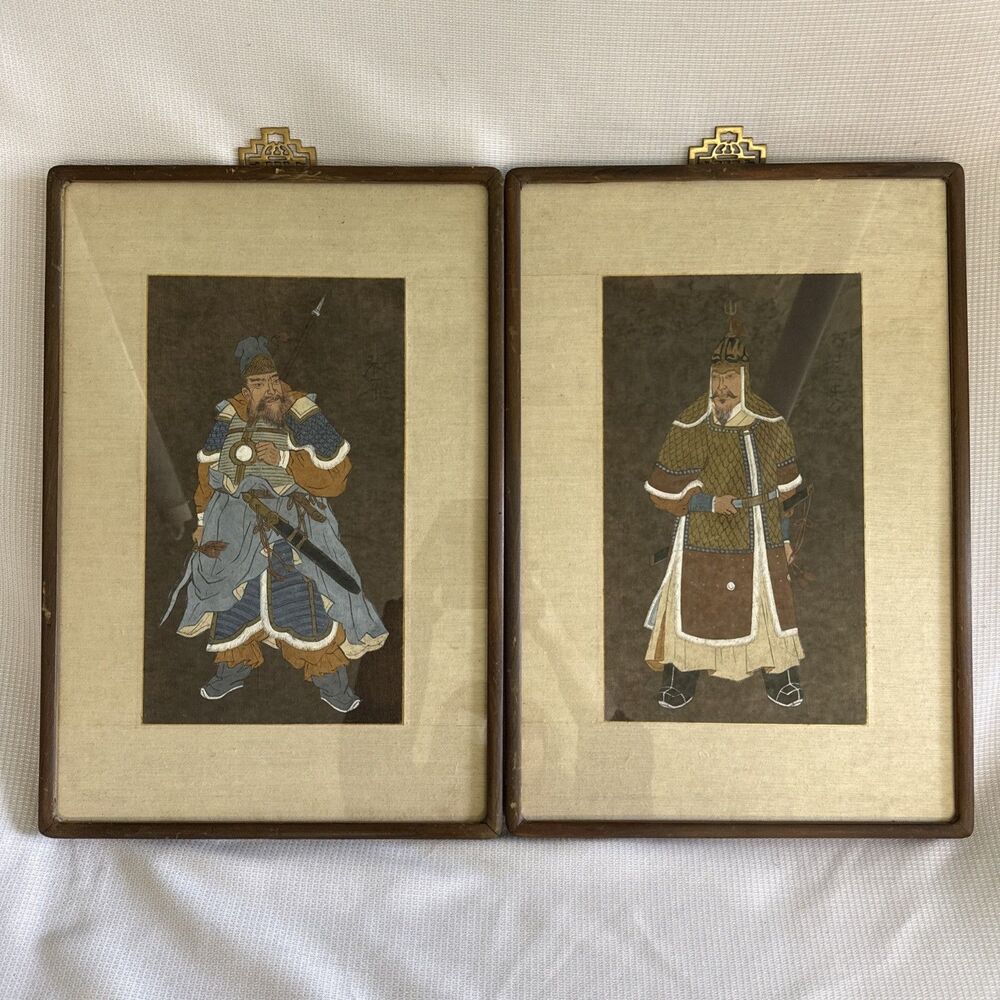 Vintage Set of 2 Gouache & Ink Traditional Asian Warrior Art Paintings – Framed